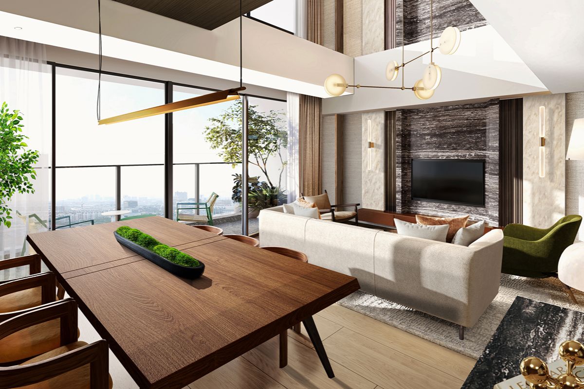 Modern condominium living and dining area with a wooden table, white sofa, high ceilings, and floor-to-ceiling windows