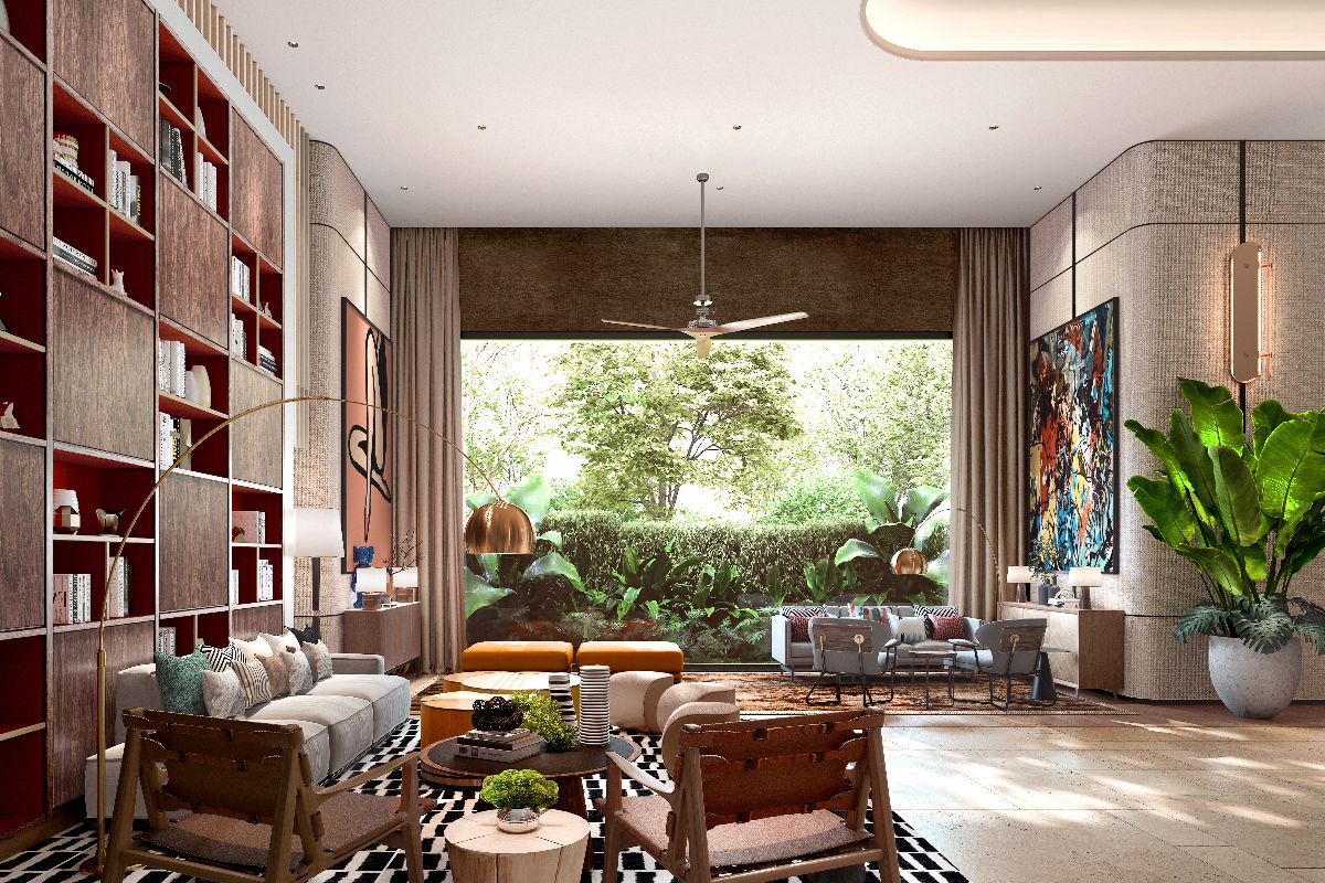 Modern residential lounge with tall windows, greenery, bookshelves, and stylish seating