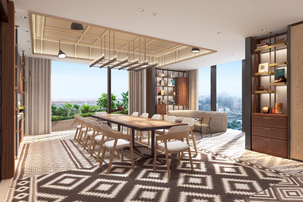 Elegant condominium function room with a long dining table, city views, and warm modern interiors