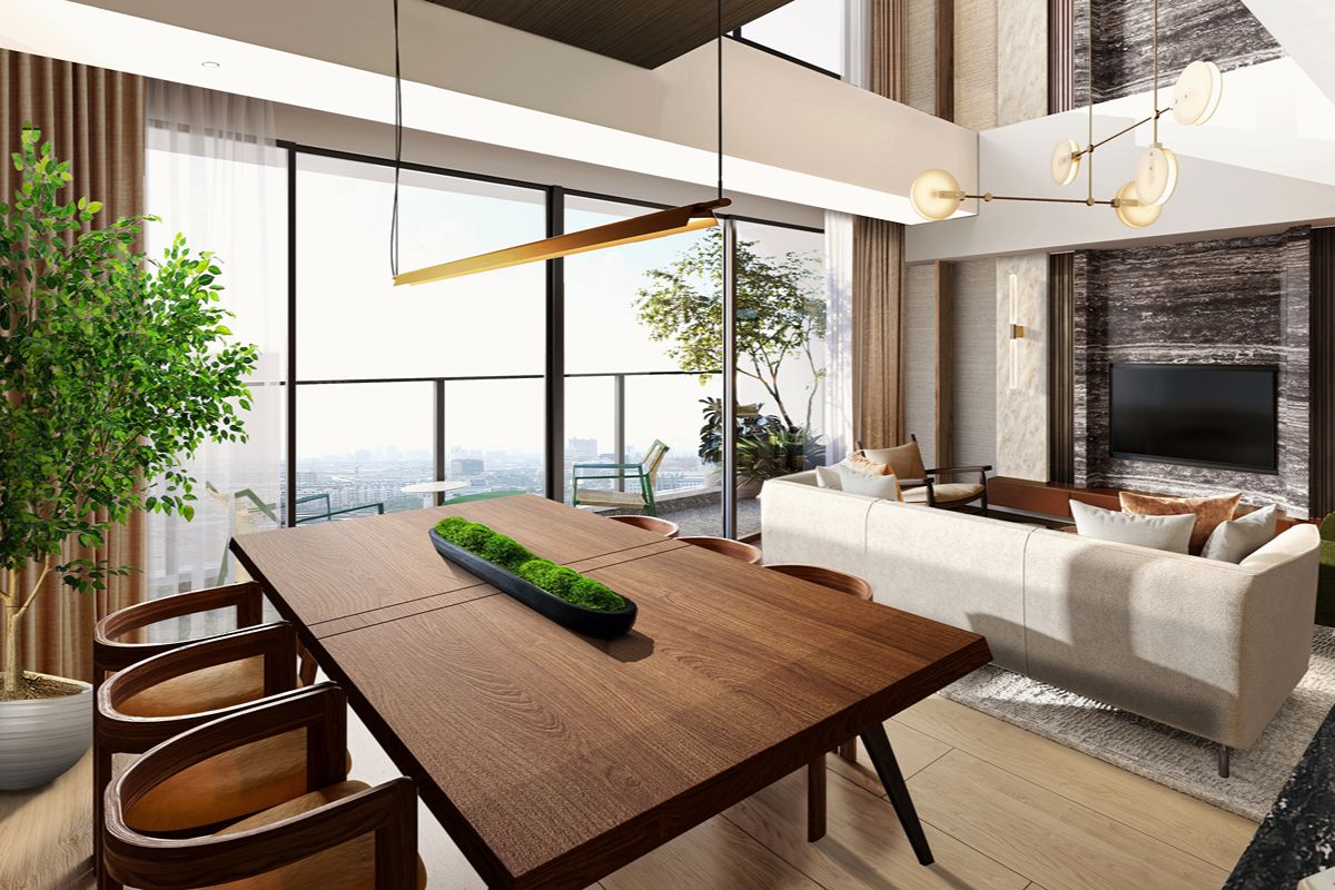 Open-plan condominium living and dining area with floor-to-ceiling windows, contemporary furniture, and a spacious layout