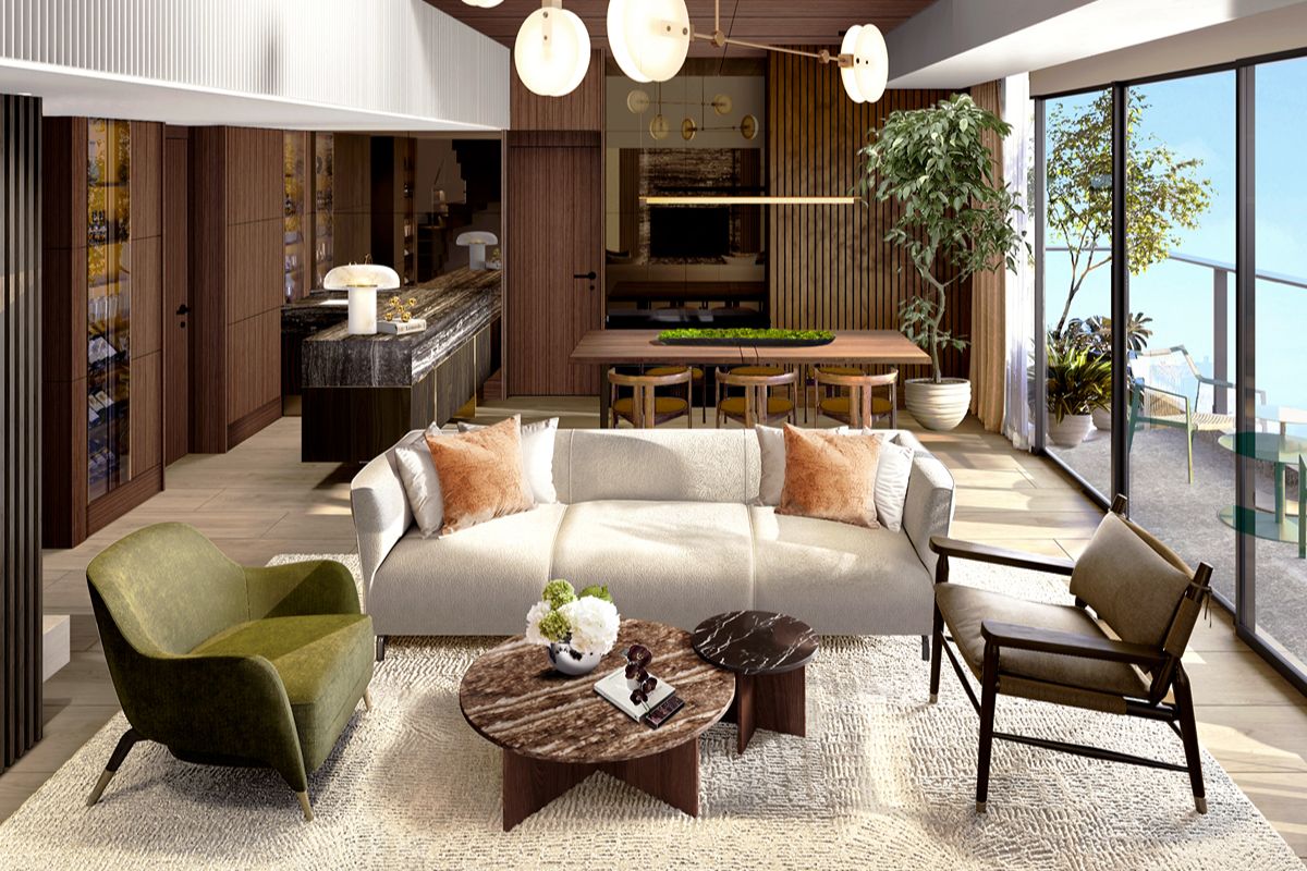 Modern condominium interior with coordinated living, dining, and kitchen areas beside large windows and an outdoor balcony